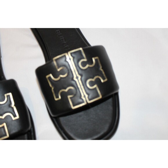 TORY BURCH WOMEN'S DOUBLE T SPORT SLIDE PATENT LEATHER BLACK GOLD SZ 8 NEW - Picture 3 of 6